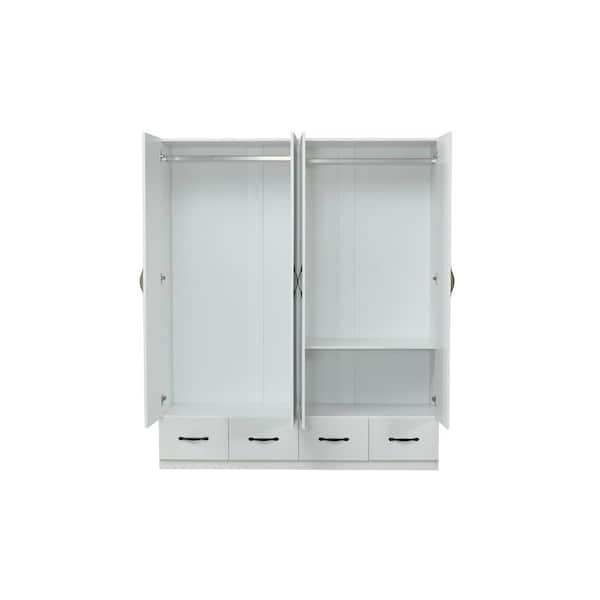 White Wooden 74 in. H x 63 in. W x 20 in. D Bedroom Wardrobe Armoire Closet with Mirror and Doors