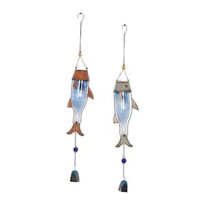 32 in. Extra Large Blue Metal Fish Windchime with Glass Bottle Body and Beads (2- Pack)