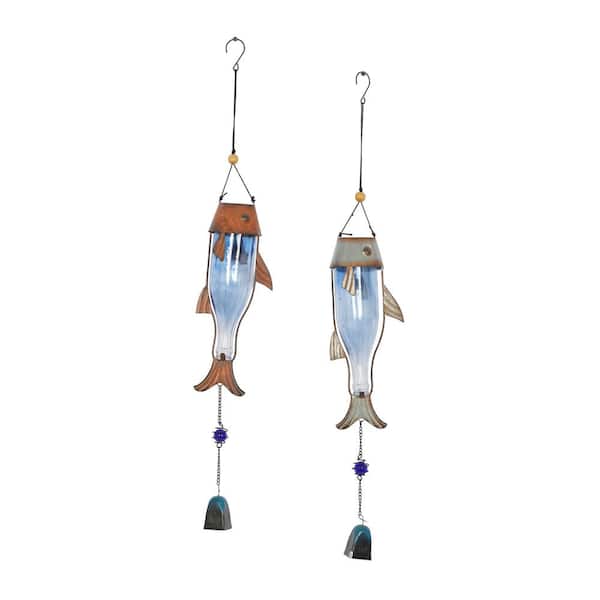 Litton Lane 32 in. Extra Large Blue Metal Fish Windchime with Glass Bottle Body and Beads (2- Pack)