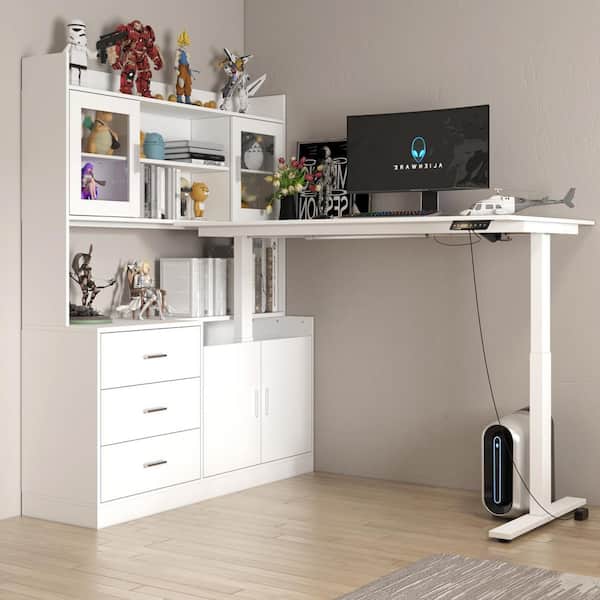 FUFU GAGA 68.5 in. W L Shaped Adjustable Height Desk Ergonomic Stand Up Desk White Home Office with Bookcase Adjustable Shelves