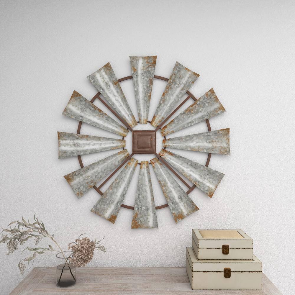 Silver Distressed Galvanized Metal Windmill Wall Sculpture