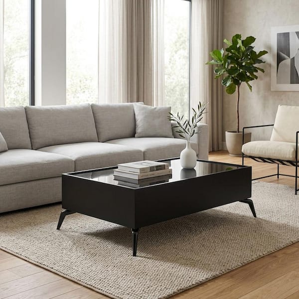 Liv & Skye 47 in. Black Rectangle Glass Top Modern Solid Coffee