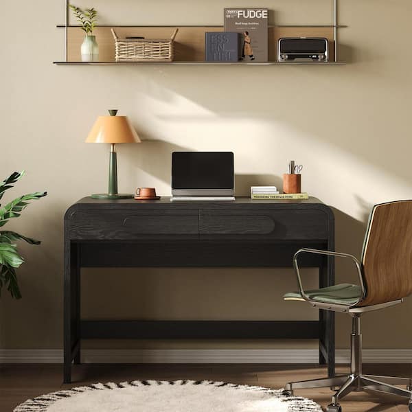 45 in. Rectangular Black Wood Waterfall Writing Desk with 2 Storage Sliding Drawers and Curved Statement Pulls