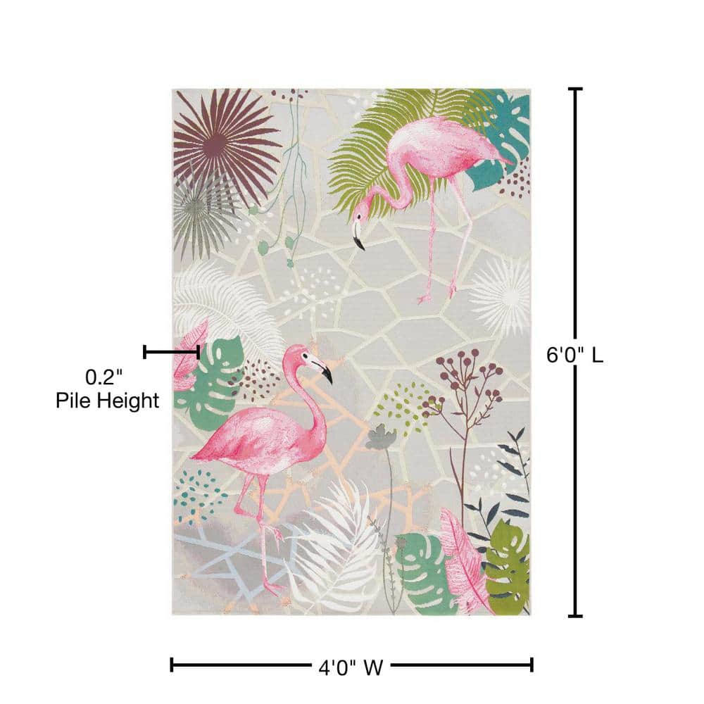 Gray and Pink Flamingo Outdoor Synthetic Area Rug 4' x 6'