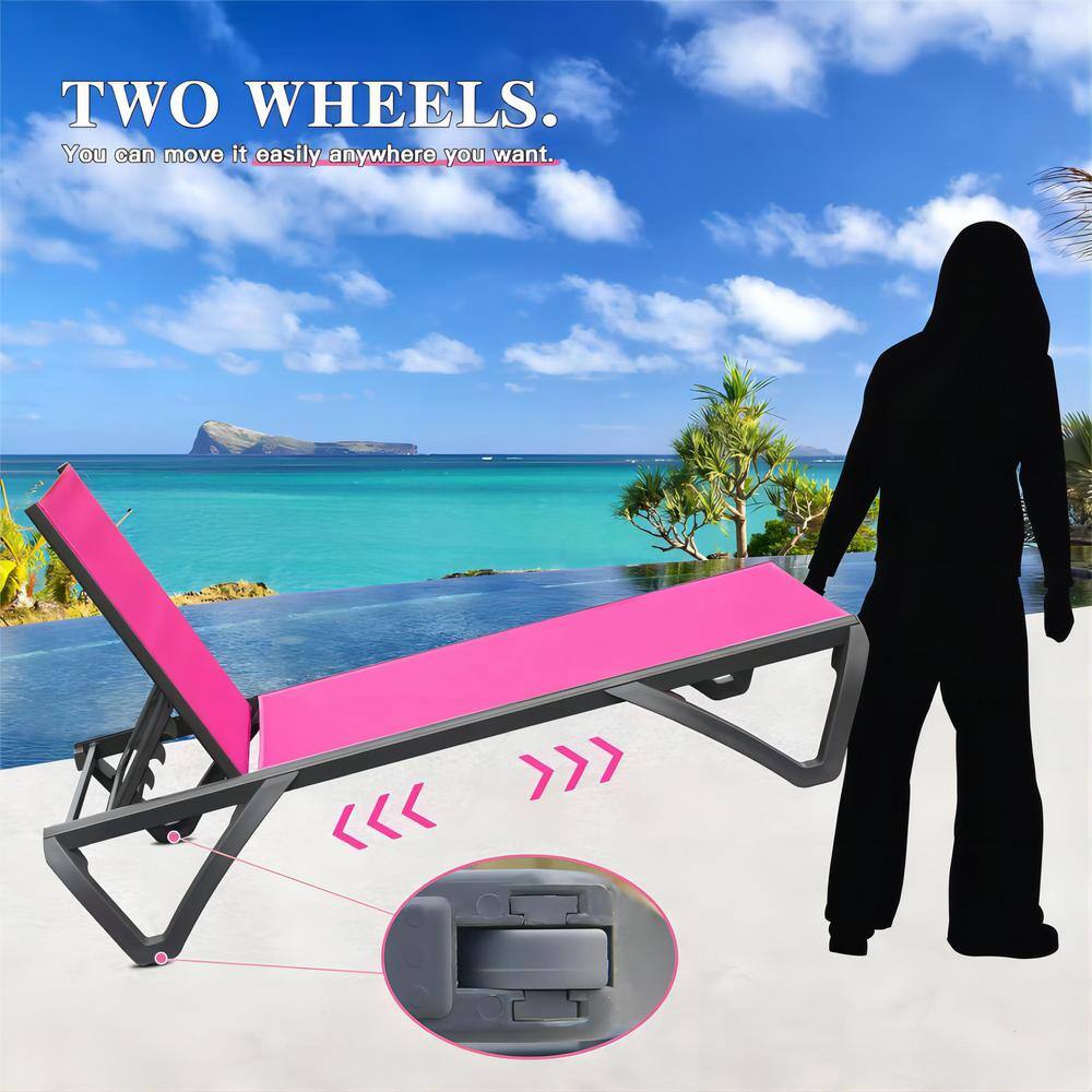 Pink Aluminum Armless Chaise Lounge Set with Rose Red Seat