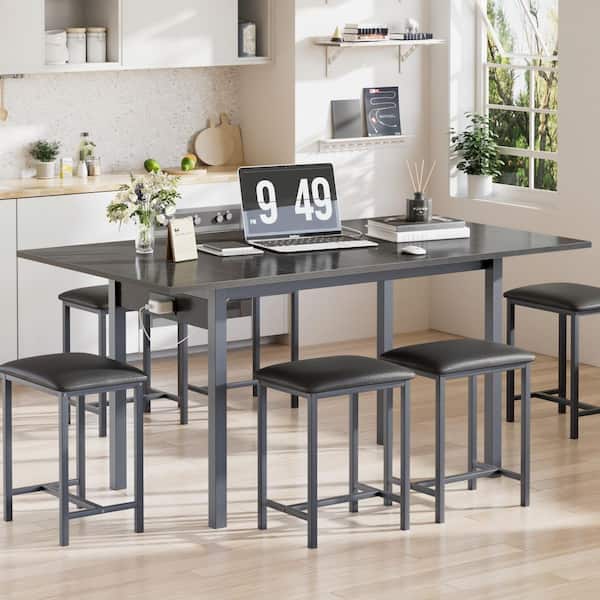 7-Piece Expandable Dining Table Set with USB Ports and 6 Stools-Black Modern MDF Dining Room Furniture for Small Spaces