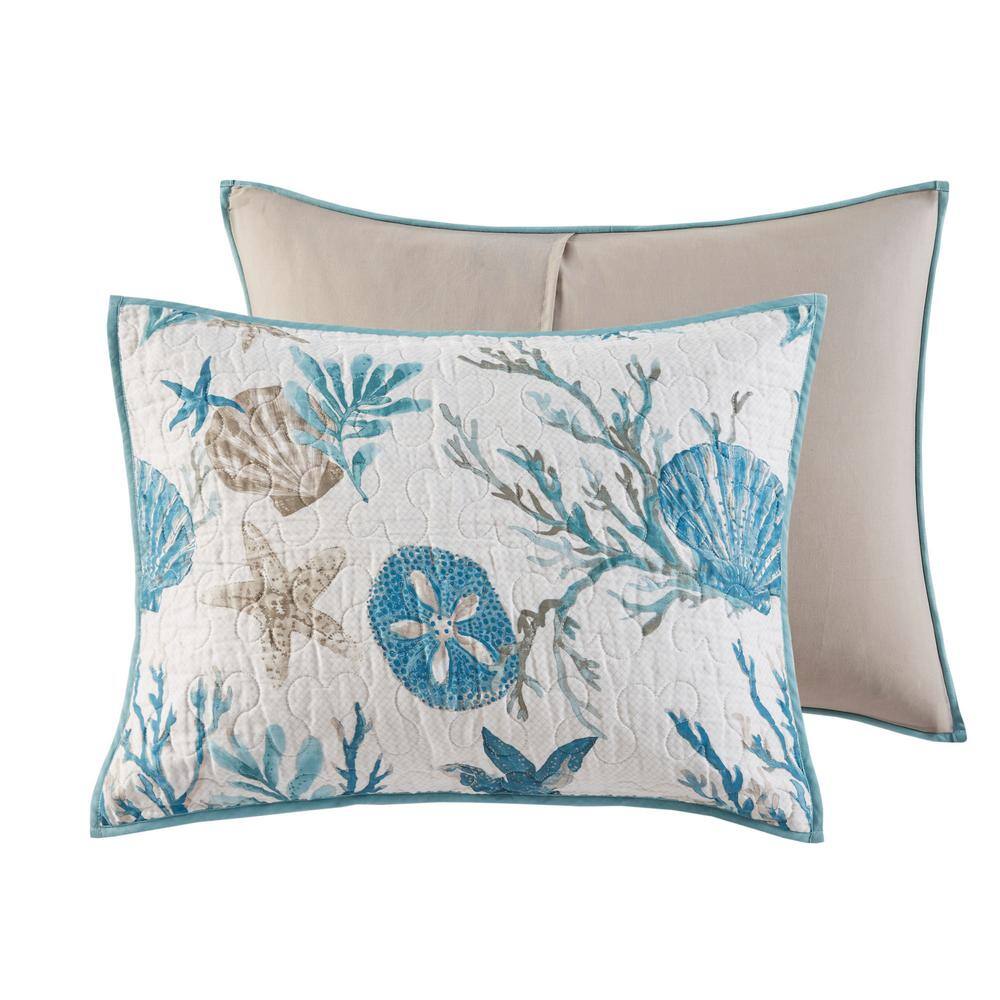 King Aqua Cotton Reversible Coastal Quilt Set