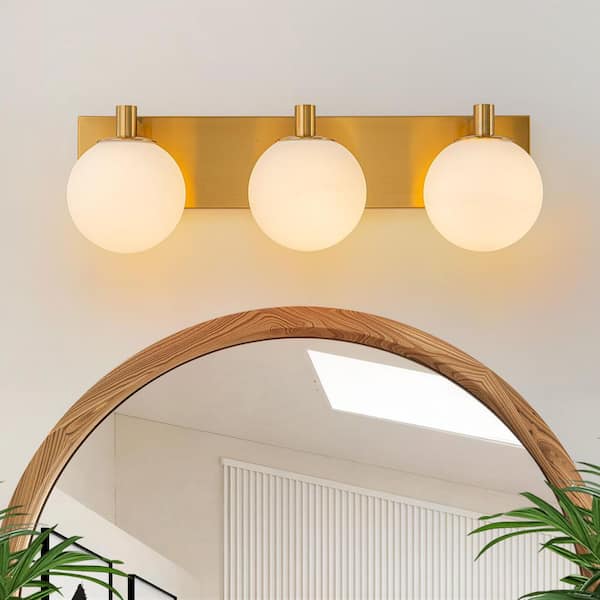22 in. 3-Light Gold Bathroom Vanity Light with White Globe Glass Shade