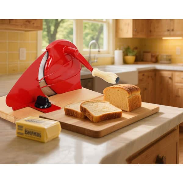 7.8 in Stainless Steel Blade Full Tang Manual Bread Slicer Adjustable Edge Hand Crank Bread Knife with Wood Handle