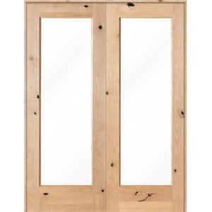 56 in. x 80 in. Rustic Knotty Alder 1-Lite Clear Glass Both Active Solid Core Wood Double Prehung Interior Door