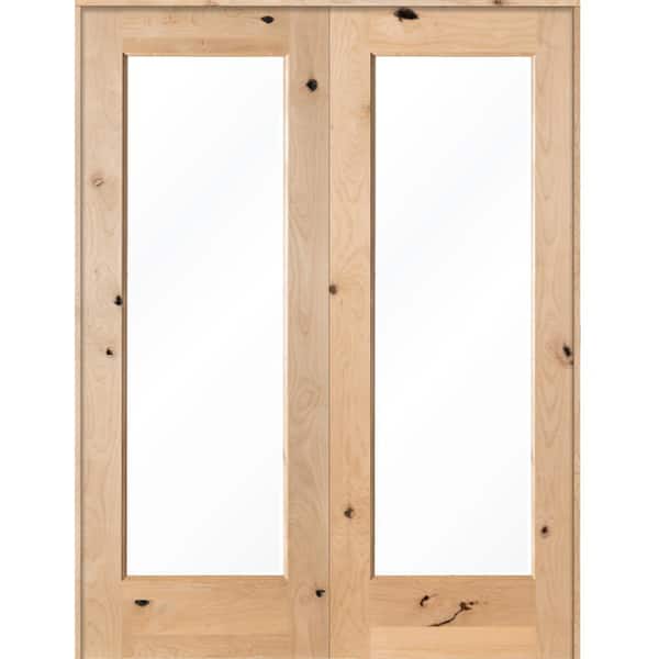 Krosswood Doors 56 in. x 80 in. Rustic Knotty Alder 1-Lite Clear Glass Both Active Solid Core Wood Double Prehung Interior Door