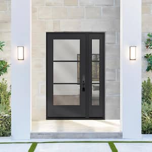 Legacy 53 in. x 80 in. Icon 3 Lite Modern Clear Glass LHIS Black Mahogany Fiberglass Prehung Front Door w/14in.SL