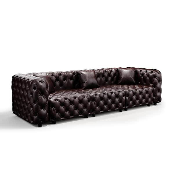 Modern Sofa Set 105.7 in. Wide Modular Sectional Faux Leather Tufted 3-Seater Couch with 3 Pillows in Dark Brown