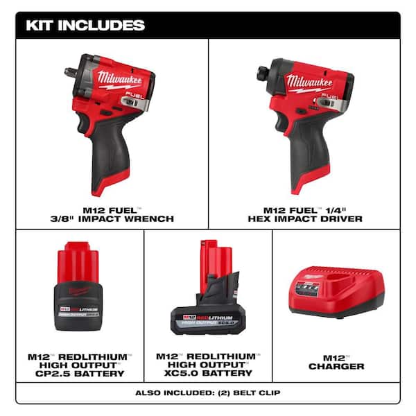 Milwaukee M12 FUEL 12V Li-Ion Brushless Cordless Stubby 3/8 in. Impact Wrench Kit w/ Impact Driver, Batteries 2562-22-3453-20
