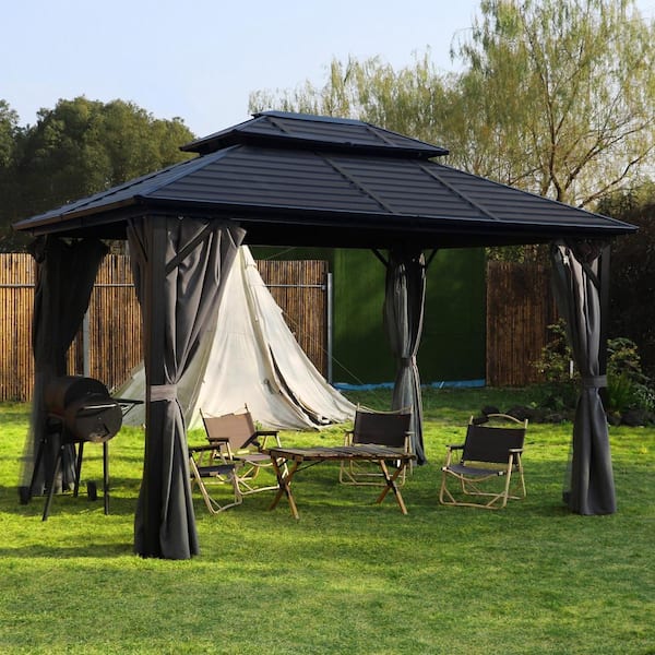 VEIKOUS 12 ft. W x 10 ft. L Aluminum Double Hardtop Gazebo with Grey Curtains and Netting