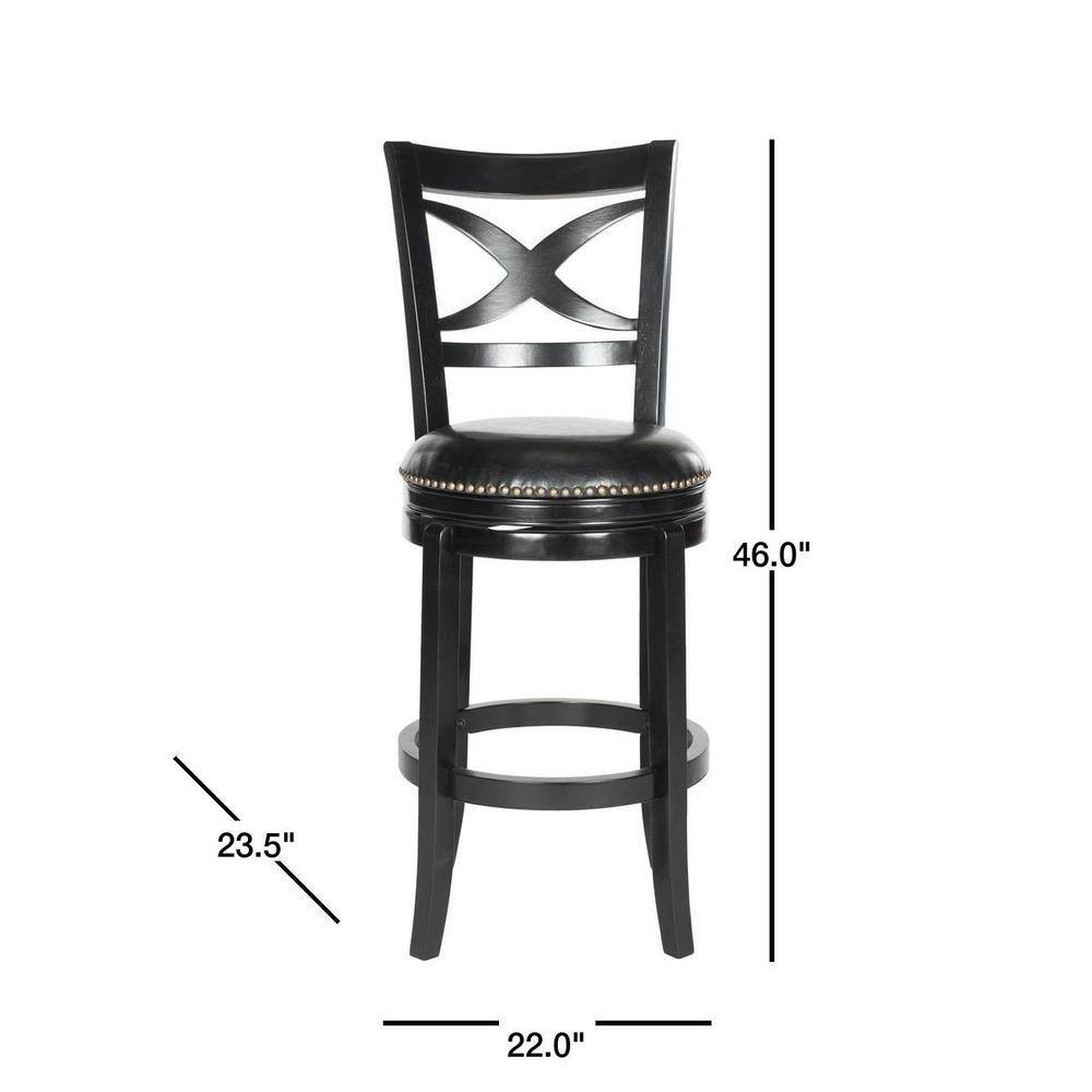Black Leather and Wood Swivel Bar Stool with Nailhead Trim