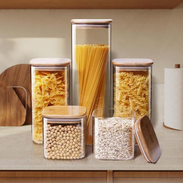 5-Piece Borosilicate Glass Square Canister Set with Airtight Bamboo Lids and Food Labels for Kitchen Storage