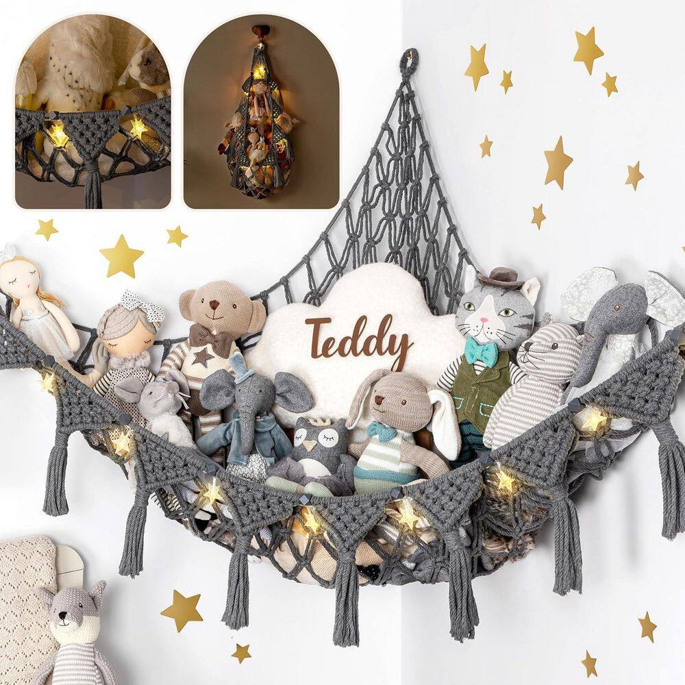 4.67 ft. Portable Corner Hammock with LED Lights and Storage Net in Elephant Grey, Handwoven Cotton Plush Toy Organizer price history on PriceWatchPro