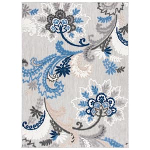 Cabana Gray/Blue 9 ft. x 12 ft. Floral Scroll Indoor/Outdoor Patio  Area Rug