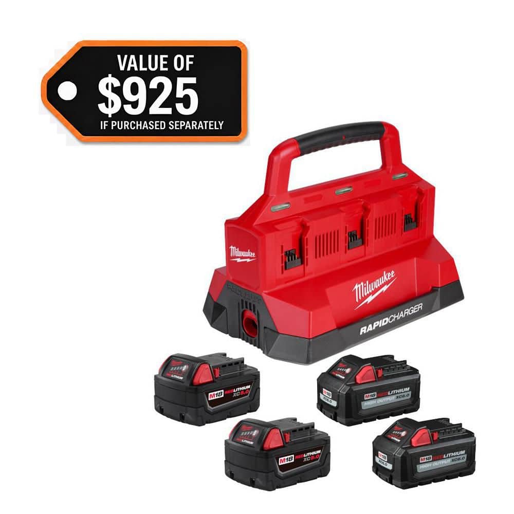 Milwaukee M18 18-Volt Lithium-Ion Battery Pack (2) 5.0Ah and High Output Battery Pack (2) 6.0Ah with PACKOUT 6-Port Rapid Charger 48-59-1865POC