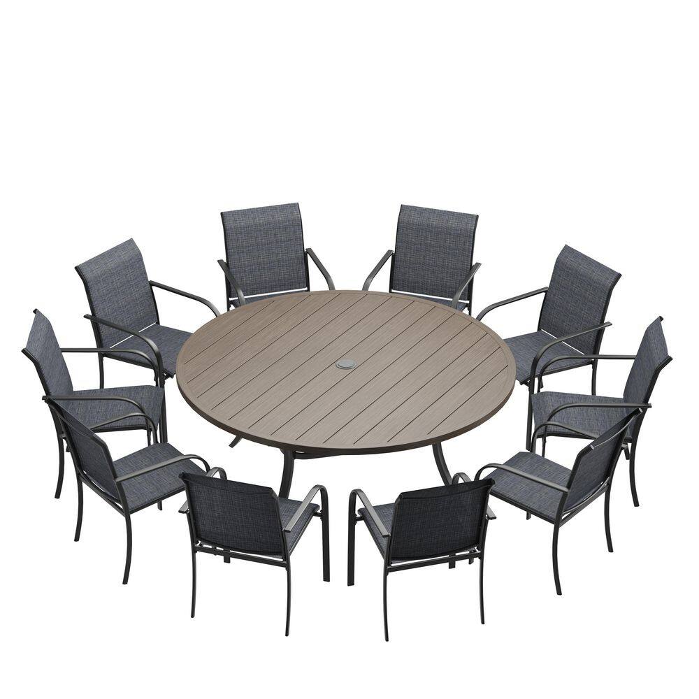 11-Piece Metal Outdoor Dining Set with Grey Wood-Like Round Table and 10 Grey Stackable Dining Chairs for 10 Person price history on PriceWatchPro