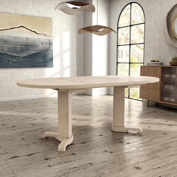 Furniture of America Donton White Oak Wood Top 60 in. Extendable Double Pedestal Oval Dining Table Seats 6 IDF 3101NT OT