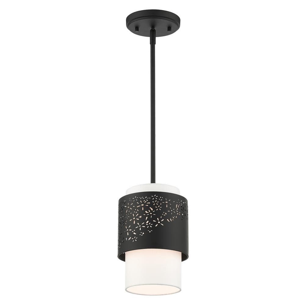 Noria Black Steel Drum Pendant with Off-White Fabric Shade