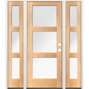 64 in. x 80 in. Modern Douglas Fir 3-Lite Left-Hand/Inswing Frosted Glass Clear Stain Wood Prehung Front Door w/ DSL