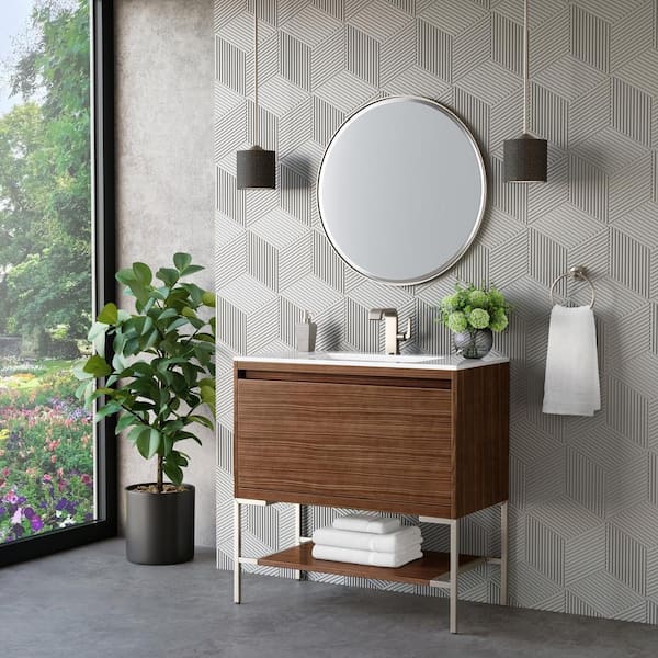 Mantova 35.4 in. W x 18.1 in. D x 36 in. H Single Bathroom Vanity Mid-Century Walnut & Glossy White Composite Stone Top