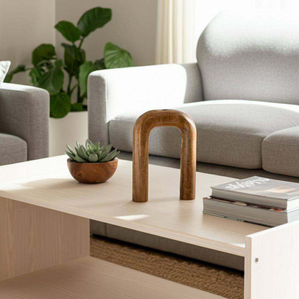11 in. Brown Mango Wood Geometric Horseshoe Shape Decorative Vase with Minimalist Design