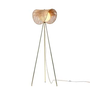 Sovev 62.87 in. Polished Brass Bohemian Tripod Floor Lamp for Living Room with Frosted Glass And Rattan Shade