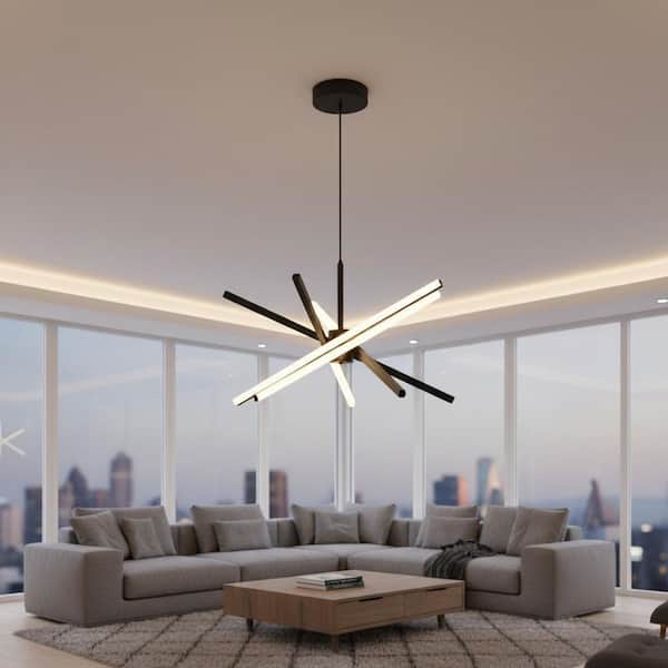 5-Light Black Modern LED Chandelier, Linear Pendant Light with Remote, 3-Color Dimmable for Dining Room Kitchen Island