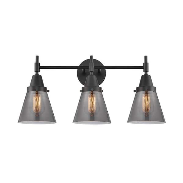 Cone 24.25 in. 3-Light Matte Black Vanity Light with Black Glass Shade