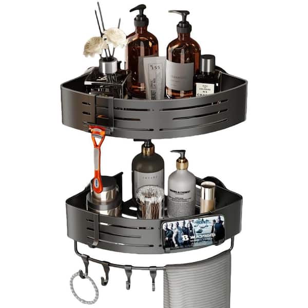 2-Pack Aluminum Corner Shower Caddy Suction Cup with Towel Bar and Hooks, No Drilling, Removable Bath Storage Rack, Gray