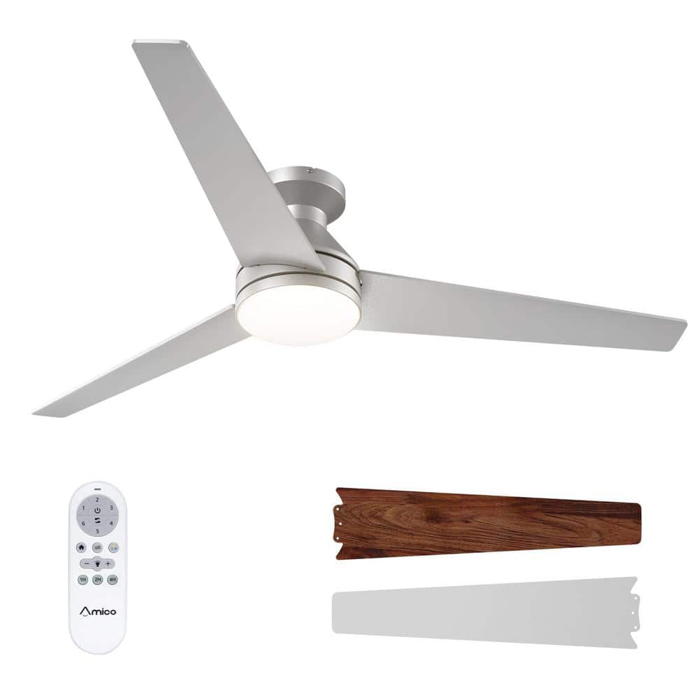 52 in. Smart Indoor Silver Low Profile Flush Mount, Reversible Ceiling Fan 