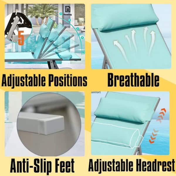 3-Piece Patio Chaise Lounge Adjustable Aluminum Outdoor Lounge Chairs with Side Table All Weather Recliner in Lake Blue