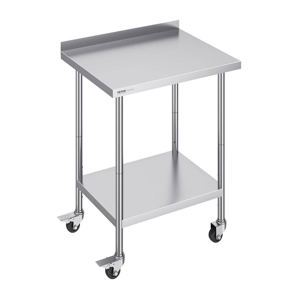 Silver Stainless Steel Adjustable Height Kitchen Prep Table with Casters