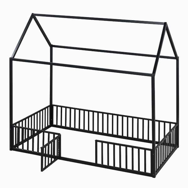 Gray Metal Frame Twin Platform Bed with Fence and Door