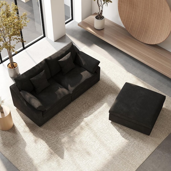 82.6 in. Square Arm Plush Linen 3-Piece Loveseat Cloud Couch Modular Sectional Sofa with Ottoman in Black