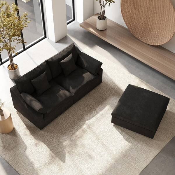 82.6 in. Square Arm Plush Linen 3-Piece Loveseat Cloud Couch Modular Sectional Sofa with Ottoman in Black