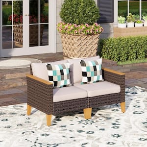 Dark Brown Rattan Wicker Outdoor Patio Single Arm Lounge Chairs with Beige Cushions (2-Pack)