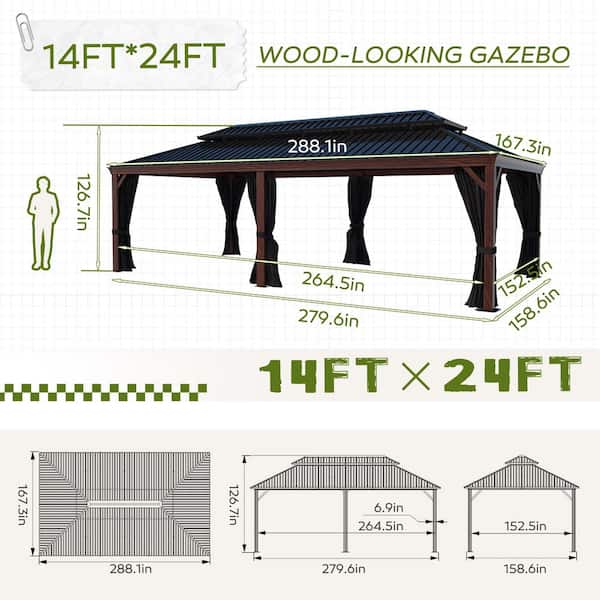 24 ft. x 14 ft. Wood Grain Aluminum Hardtop Gazebo Double Roof with Netting