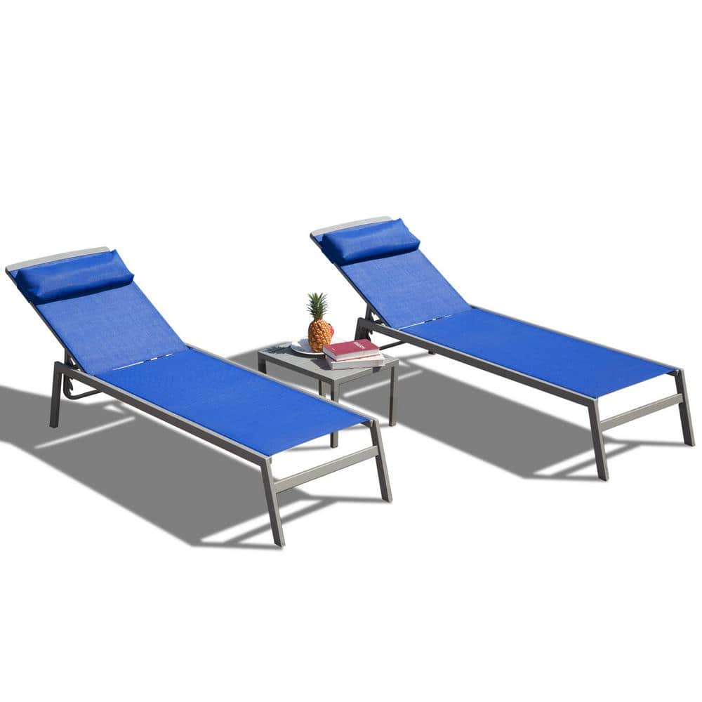 Aluminum Outdoor Patio Chaise Lounge with Adjustable Backrest and Headrest in Blue (2 Chairs and 1 Table) (Set of 3) price history on PriceWatchPro