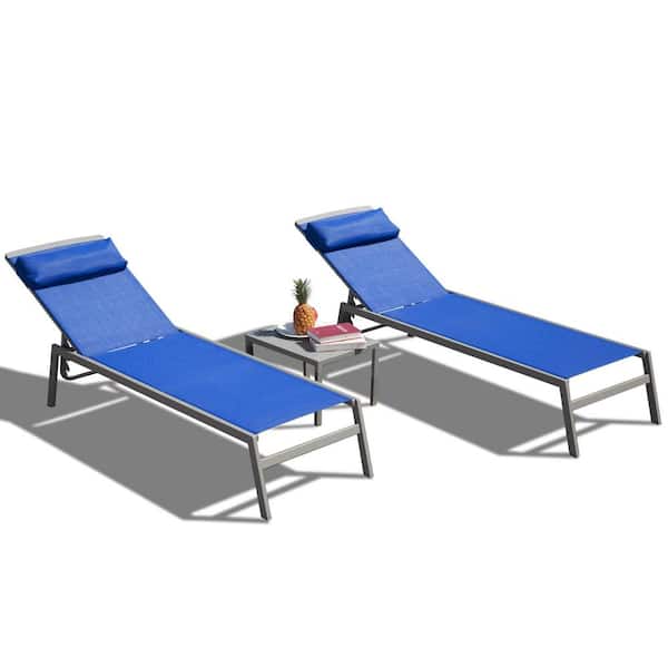 Sudzendf Aluminum Outdoor Patio Chaise Lounge with Adjustable Backrest and Headrest in Blue (2 Chairs and 1 Table) (Set of 3)