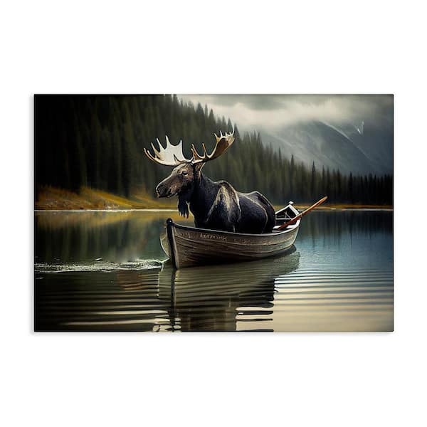 Moose in Canoe Tranquility by Sasha Unframed Animal Graphic Art Print 16 in. x 24 in.