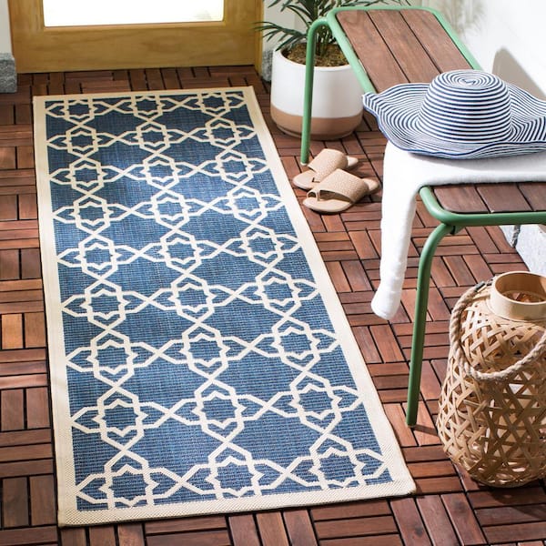 Courtyard Navy/Beige 3 ft. x 8 ft. Border Indoor/Outdoor Patio  Runner Rug