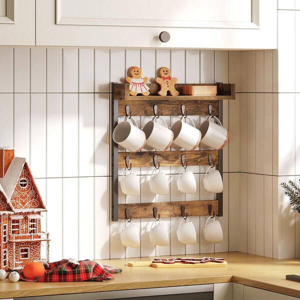 Kitchen and Cafe Series 12-Hook Rustic Brown Heavy-Duty Mug Hook, 3 Tier Mug Tree Rack, Hanging 12 Cups with Top Shelf