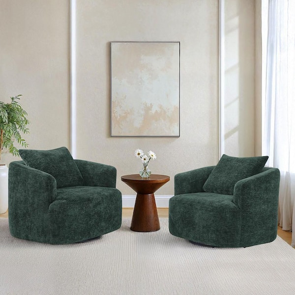 Green Stripe Chenille Upholstered 360° Swivel Accent Arm Chair U-Shaped Swivel Barrel Chair with Wood Frame (Set of 2)