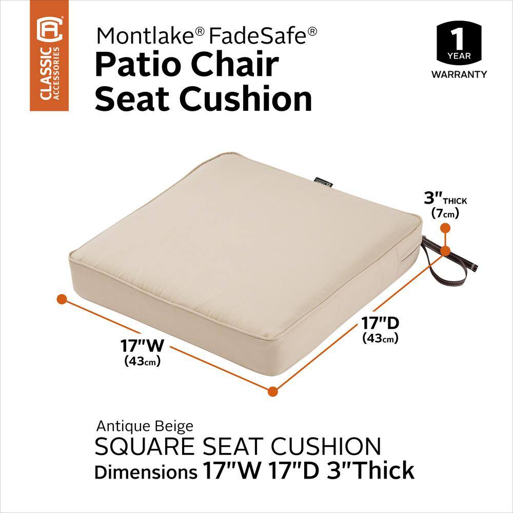 Antique Beige Water-Resistant Patio Dining Seat Cushion, 17 x 17 x 3 inch