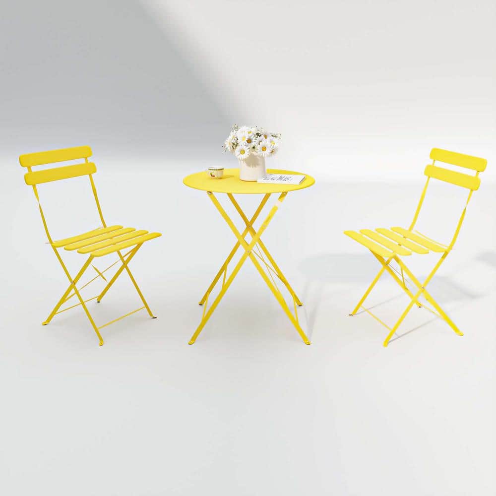 Yellow 3-Piece Metal Outdoor Bistro Set Patio Bistro Table and Chairs with 